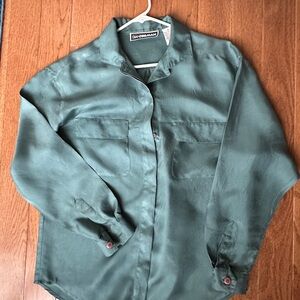 Vtg Diane Gilman 100% silk Teal long sleeve button-up blouse w two chest pockets